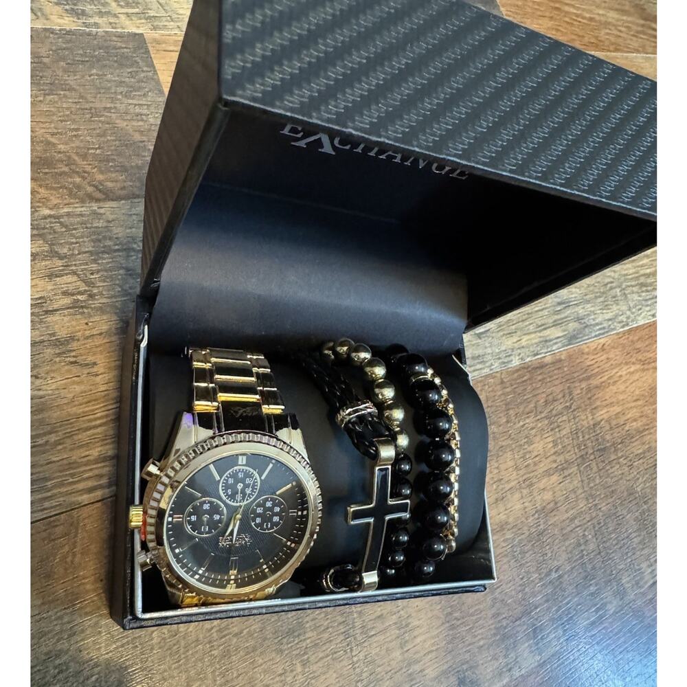American Exchange Mens Bracelet And Watch Set New Shiny Gold Tone Metal - AS IS